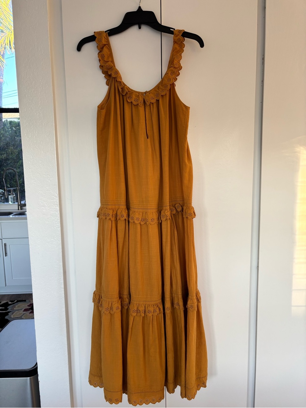 THE GREAT. Mustard Tiered Eyelet-Trim Maxi Dress